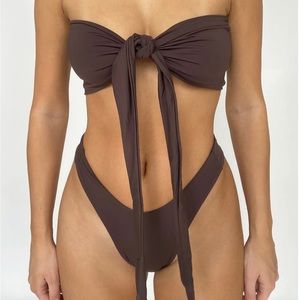 437 Swim in chocolate, size small Leo top, Aubrey bottom